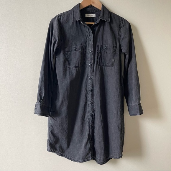 MADEWELL Washed Black Denim Long Sleeve Button Front Shirtdress - Picture 1 of 14